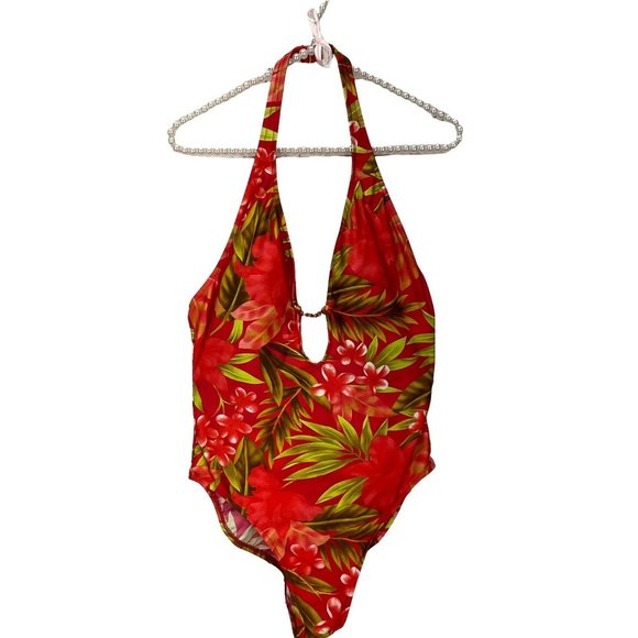 Women's Liquid BLUE Red Green Hawaiian Tropical Floral Halter One Piece Swimsuit